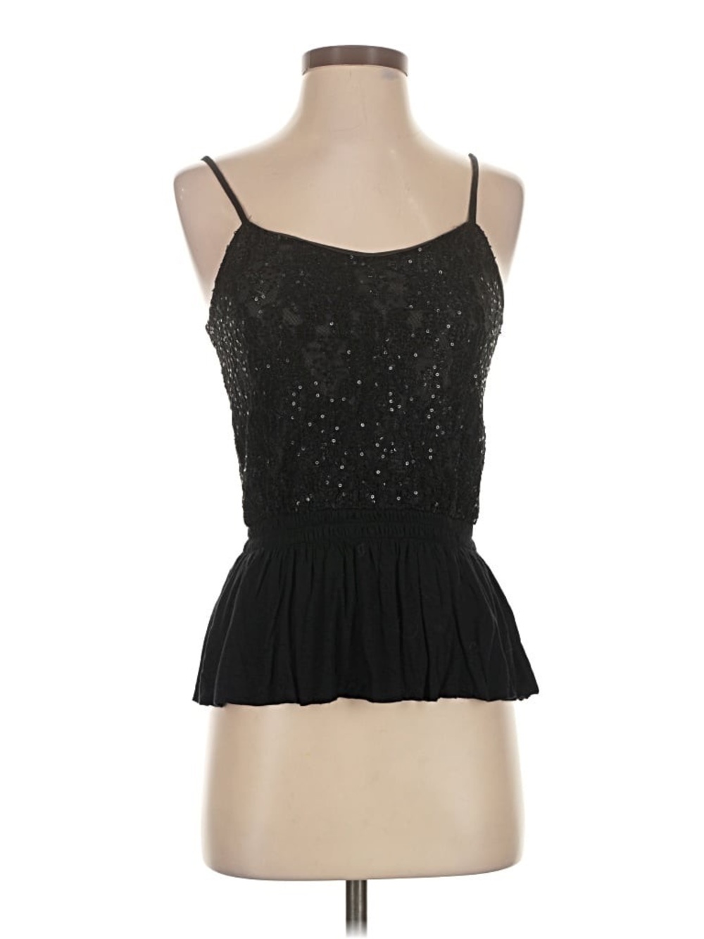 Express black sequin spaghetti strap camisole babydoll flared peplum hem medium